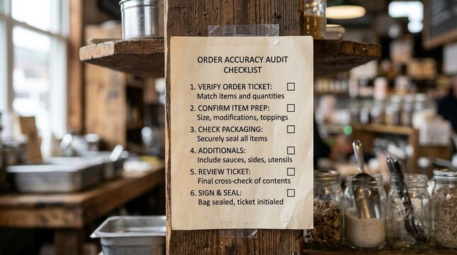 Order accuracy audit checklist taped beside a vendor station showing quality steps &ndash; Procurement and Vendor Management Stock Photo