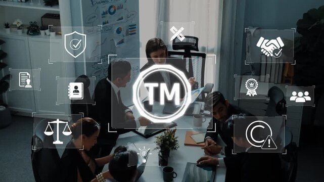 A dynamic business meeting showcasing a diverse team collaborating on strategic ideas, surrounded by icons representing trademarks and legal discussions, highlighting innovation. Raster