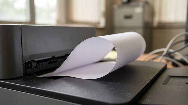 Purchase requisition printout curling gently from a procurement office printer &ndash; Procurement and Vendor Management Stock Photo