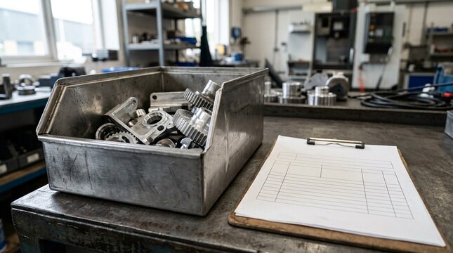 Rejected vendor bin resting beside a printed rejection reason checklist &ndash; Procurement and Vendor Management Stock Photo