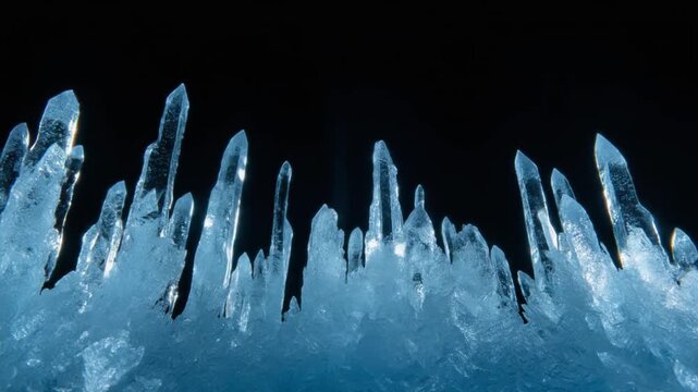 Abstract Macro Blue Ice Crystal Formations and Sharp Icicles on Dark Background