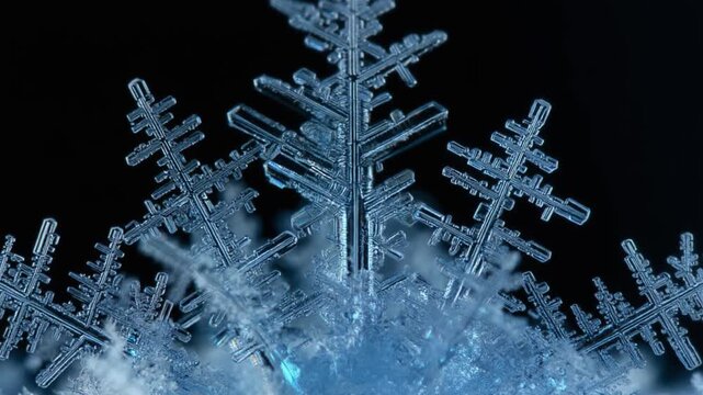 Abstract Ice Crystal Formation with Macro Frost Details and Cold Winter Science Concept on Black Background