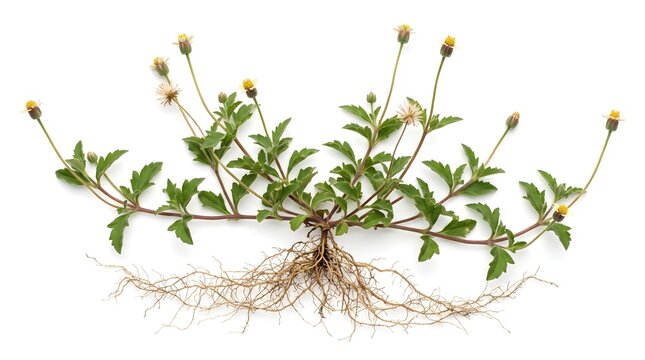 Tridax Procumbens Whole Plant with Roots, Hairy Coatbuttons Medicinal Herb Isolated on White