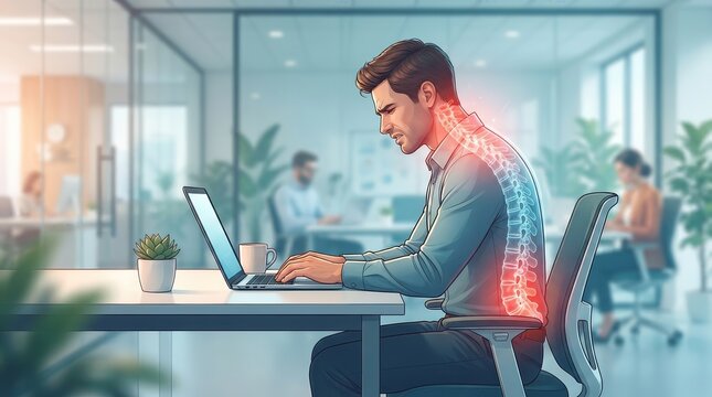 Office worker experiencing back pain from poor posture while using a laptop