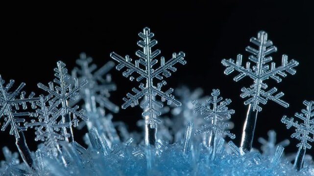 Macro Ice Crystals and Snowflake Formations on Frozen Surface with Dark Background
