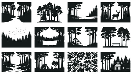 Fototapeta premium Forest silhouette collection, woodland scenes, trees, campfire, deer, cabin, paths, black and white vector illustrations