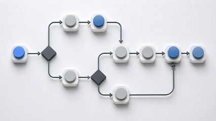 Fototapeta premium 3D flowchart diagram with blank nodes and dark arrows on white background. Concept of workflow automation and software development logic.