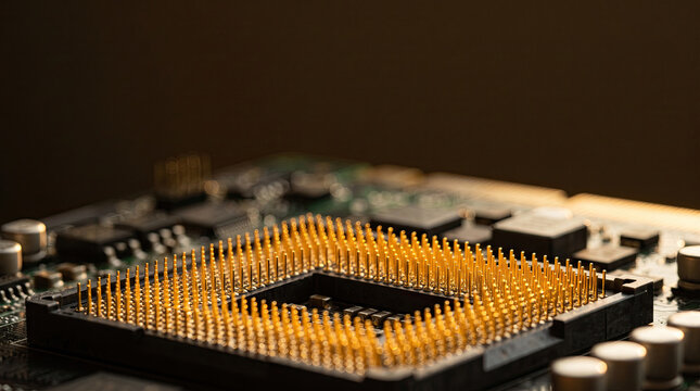 Macro close-up of golden processor pins on computer motherboard