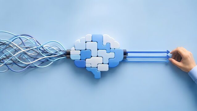 Tangled wires entering a puzzle brain and exiting as arrows guided by a businessman hand. Concept of artificial intelligence management, strategic business direction, and complex problem solving.