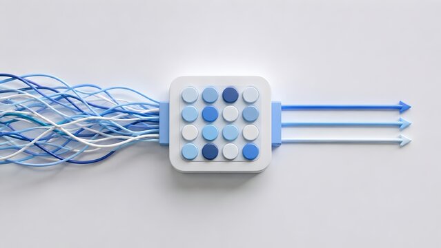 Tangled blue wires entering a square button panel and exiting as straight organized arrows. Concept of data processing automation, complex system integration, and digital workflow management.