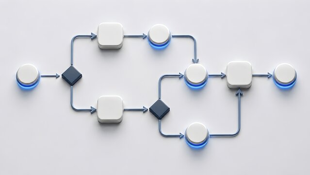 White geometric shapes connected by blue arrows forming a flowchart diagram. Concept of business process mapping, algorithm logic sequence, and corporate workflow strategy.