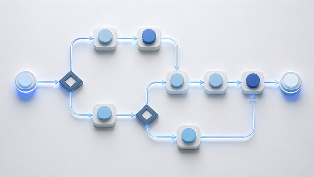 3D flowchart diagram with blue nodes and glowing neon arrows. Concept of digital transformation and machine learning data routing network.
