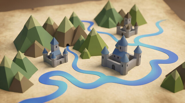 Low poly fantasy map with tiny 3d castles mountains and rivers