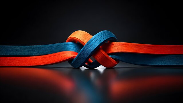 Two blue and orange textured bands tied together in a tight knot. Concept of corporate partnership connection and strong business relationship.