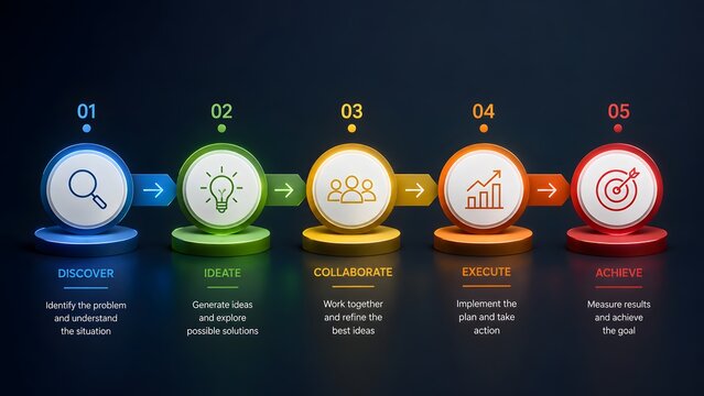 Colorful 3d circular infographic process steps with business icons on dark background. Concept of project management workflow, strategic planning roadmap, and product development lifecycle.