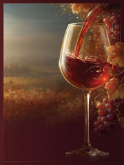 Obraz premium Elegant Red Wine Pouring into a Crystal Glass Surrounded by Grapes and Autumn Foliage