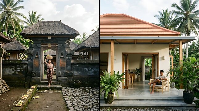 Traditional balinese stone gate and modern tropical villa diptych