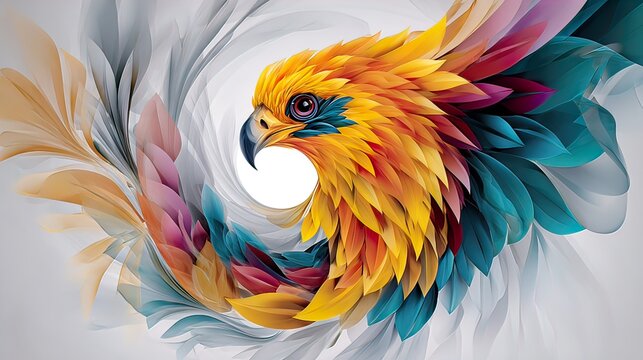 Colorful Fantasy Phoenix Bird with Vibrant Blue and Golden Feathers in a Spiral Composition