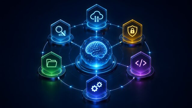 Glowing brain sphere connected to hexagonal tech network icons. Concept of artificial intelligence automation and cybersecurity software development.