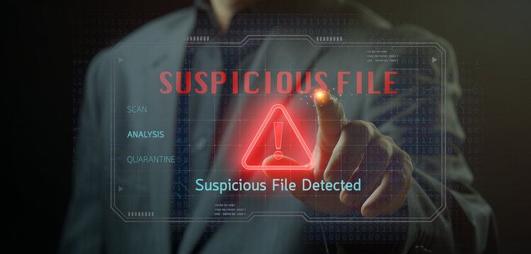 Businessman finger touching glowing red HUD warning alert window displaying SUSPICIOUS FILE text with warning icon. Cyber malware threat detection and suspicious file incident response concept.