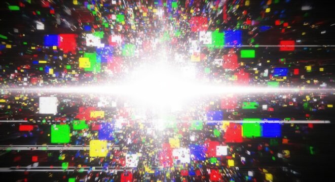 A chaotic explosion of colorful square pixels and glowing light particles moving set. containing and more. solid collection