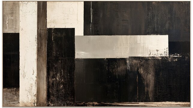 Abstract painting with bold rectangular geometric forms, black white gray palette, peeling paint and wood grain textured layered surface