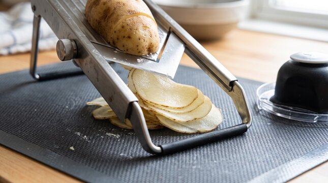 Stainless steel mandoline slicer cutting thin potato slices on a kitchen counter.
