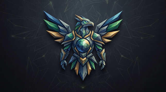 Majestic geometric bird emblem with crystalline facets on dark background
