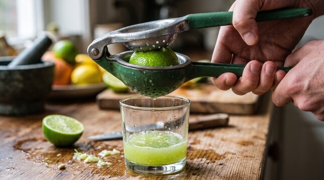 Hands squeezing lime juice with green press into glass.