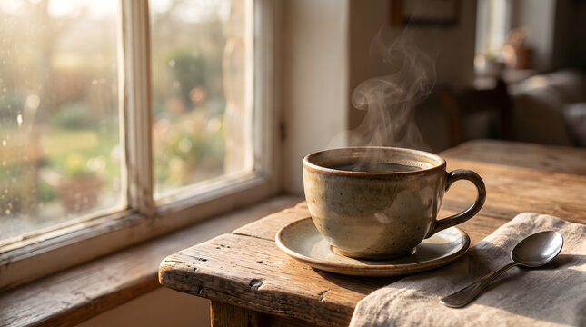 Steaming coffee cup on rustic wooden table by a window in morning light