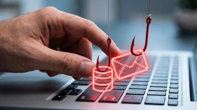 Cybersecurity phishing attack concept with a hand on a laptop keyboard being lured by digital fish hooks catching private email and database information