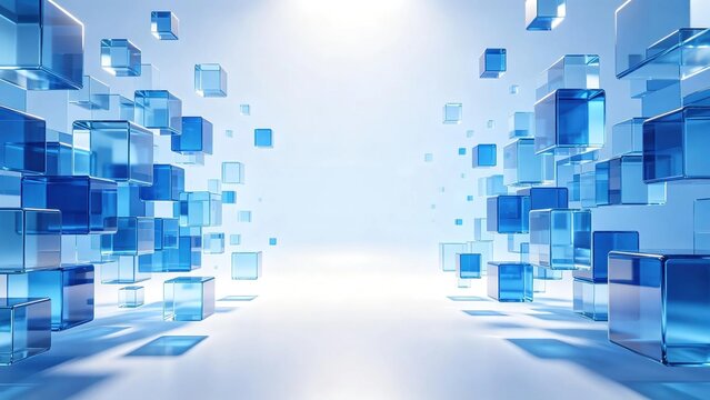 Floating different sized blue transparent glass cubes frame an empty bright central corridor representing digital big data and modern blockchain technology concept