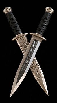 Two crossed silver metal daggers with wrapped black leather handles against pure black background showing traditional handcrafted melee weapon design