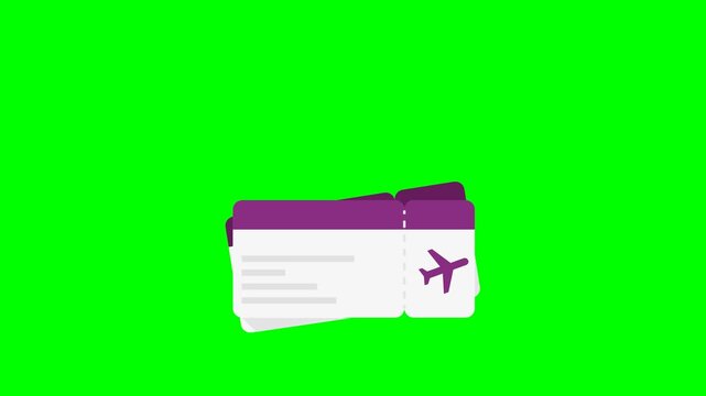 Animated purple airplane ticket icon flying across green screen background
