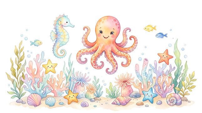 Cute watercolor illustration of a friendly octopus and seahorse in an underwater reef scene.