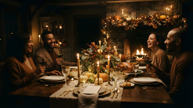 Friends and family gather around a candlelit dining table for a festive meal.