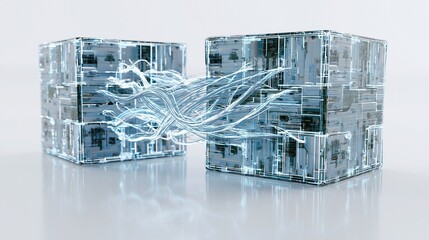Fototapeta premium Abstract digital connection between two glowing translucent cubes with circuitry and energy tendrils