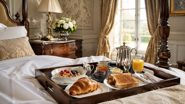 Indulging in a luxurious breakfast in bed, enjoying a rich meal tray with a croissant, fruit, and coffee in a grand hotel room