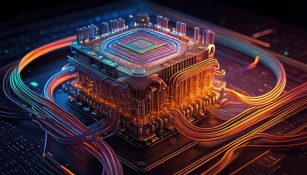 Futuristic microchip with neon glowing circuits.