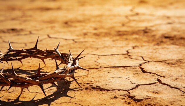 Macro shot of a sharp wooden crown of thorns resting on dry cracked earth copy space
