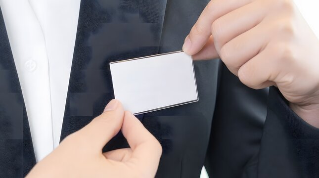 Professional Business Person Holding Blank Name Tag or Identification Badge Mockup on Formal Suit