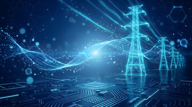 Futuristic smart grid concept featuring glowing blue digital power lines, transmission towers, and a technology circuit board network background.