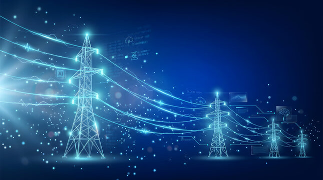 Futuristic smart grid high-voltage transmission towers with glowing digital lines and data particles on a blue background.