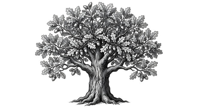 Detailed vintage engraving style illustration of an oak tree with acorns and leaves