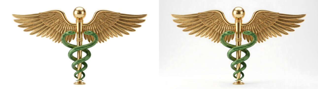 Golden caduceus medical symbol with intertwined snakes and wings for healthcare and pharmacy design, PNG, Transparent and White Background Versions