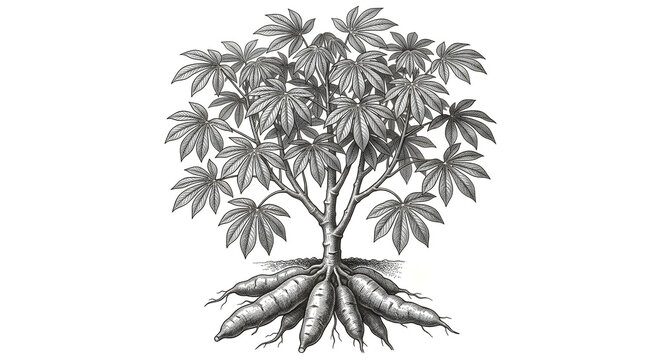 Detailed vintage engraving style illustration of a cassava plant showing roots and tubers
