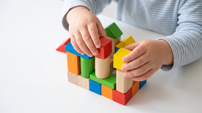 Close up of a childs hands building a colorful wooden block tower on a white table