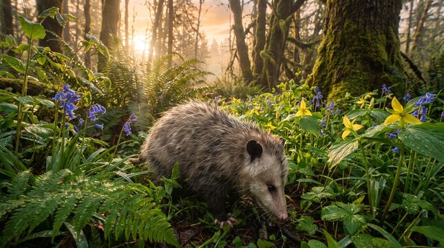 Opossum in a lush forest