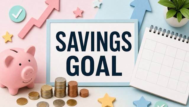 Pastel financial planning scene with a piggy bank, stacked coins, growth arrows, calendar and framed savings goal message.
