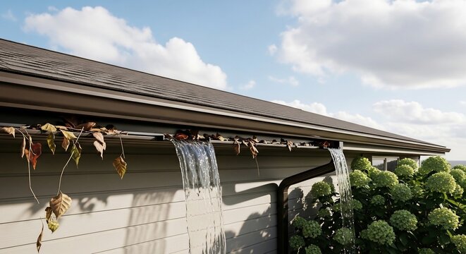 Rainwater flowing from a gutter